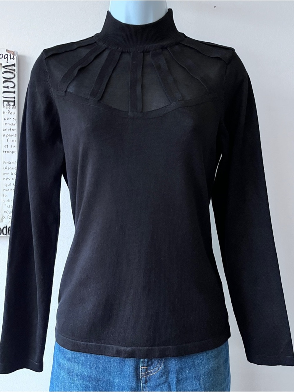 Carmen Marc Valvo Black Long Sleeve Sexy Sheer Mock Neck Whimsy Knit Top Size M